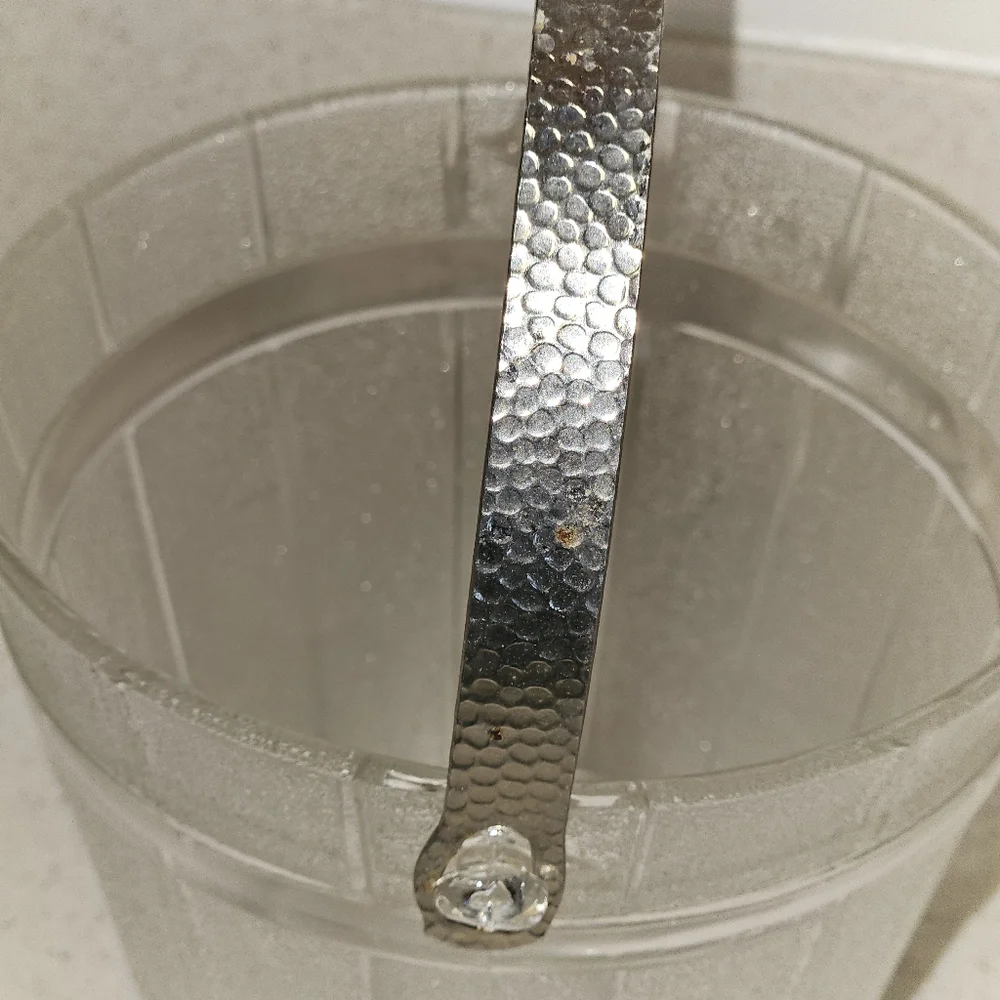 Vintage Anchor Hocking Ice Bucket Frosted Glass Hammered Metal Handle 1960’s